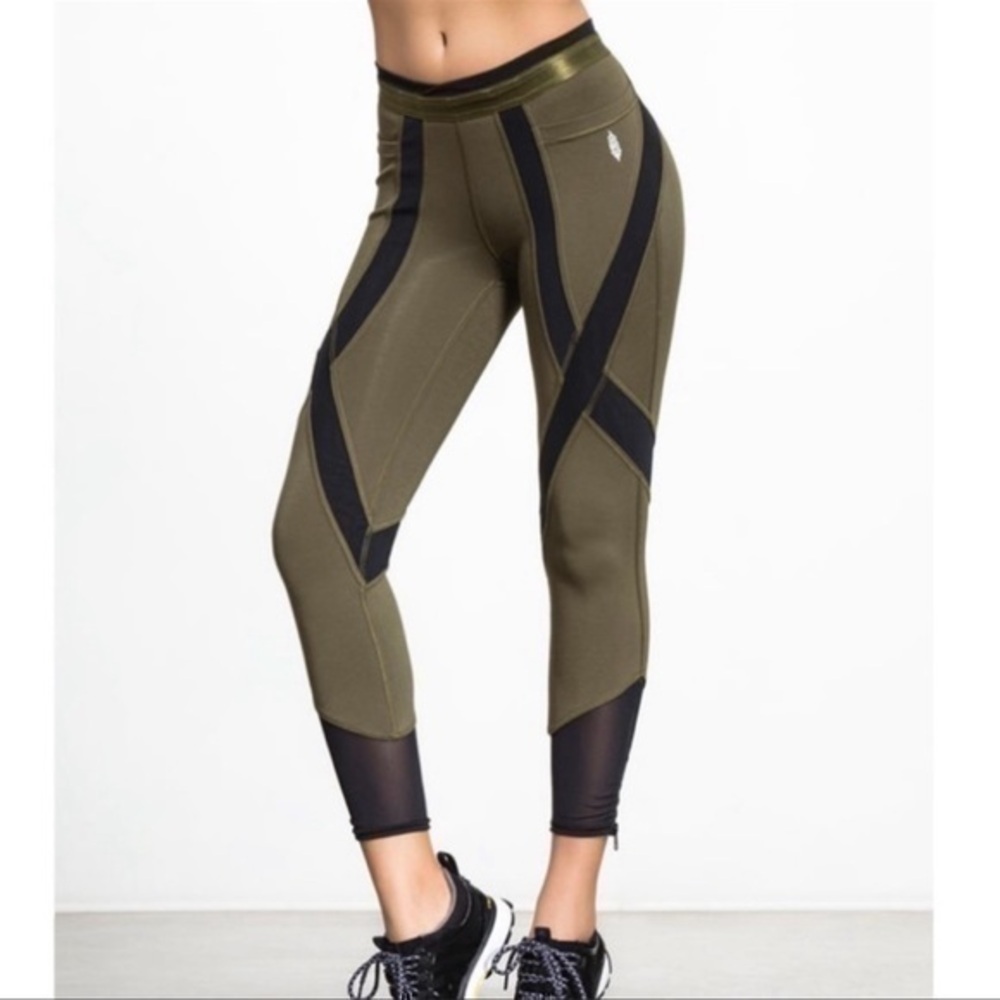 Free People • Movement Mesh Panel Zipper Ankle Army Green Leggings S